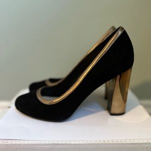 Cole Haan Black Suede and Leather Gold Block Pump Heels Size 9B